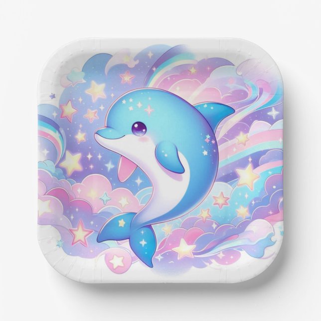 Fun Cartoon Dolphin Baby Shower  Paper Plate (Front)