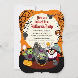 Fun cartoon Halloween monster costume party group, Invitation