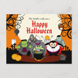 Fun cartoon Halloween monster costume party group, Invitation Postcard