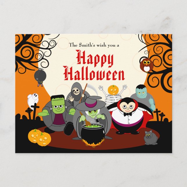 Fun cartoon Halloween monster costume party group, Invitation Postcard (Front)