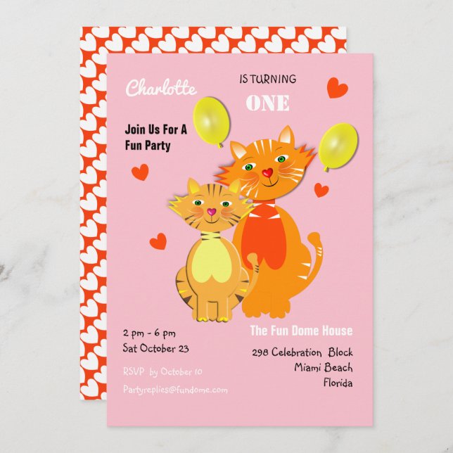 Fun Cartoon Kitty Cats Adorable Birthday Party Invitation (Front/Back)