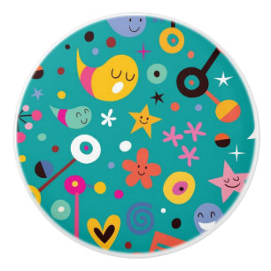 fun cartoon pattern teal ceramic knob