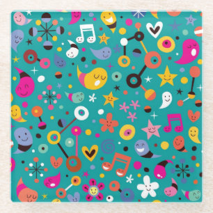 fun cartoon pattern teal glass coaster