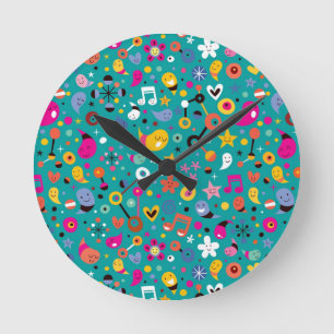fun cartoon pattern teal round clock