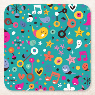 fun cartoon pattern teal square paper coaster