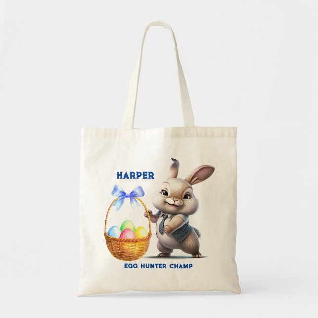 Fun Cartoon Rabbit Easter Egg Basket Name Tote Bag (Front)