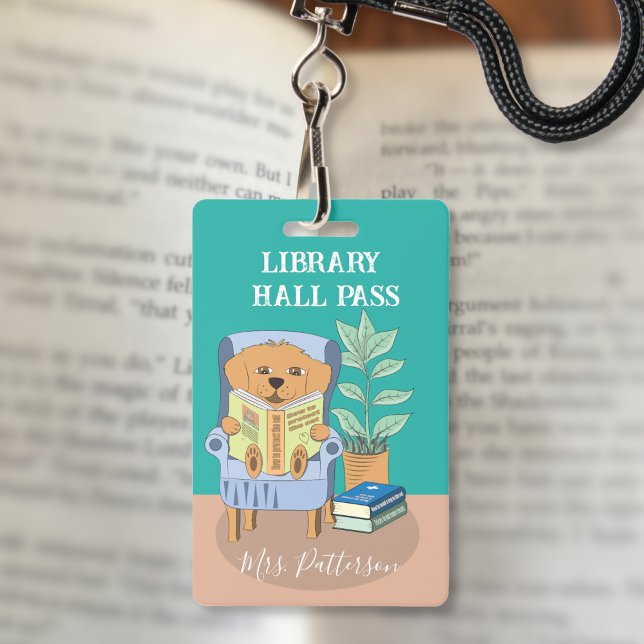 Fun Cartoon Reading Dog Library Hall Pass Badge ID Badge (Fun reading dog elementary school library hall pass badge .)