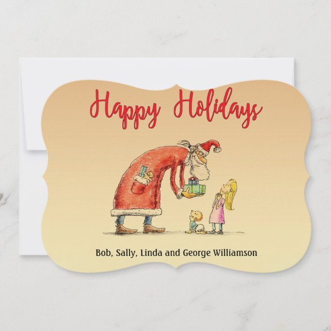 Fun Cartoon Santa Delivers Gifts Fancy Cut Holiday Card (Front)