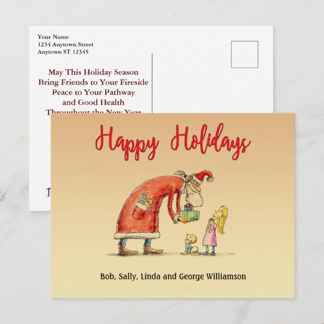 Fun Cartoon Santa Delivers Gifts Happy Holidays Postcard (Front/Back)