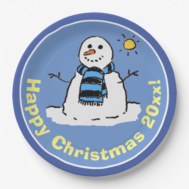 Fun Cartoon Snowman at Christmas Design. Paper Plate (Front)