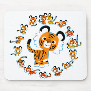Fun Cartoon Tigers Mandala (Blue) Mousepad
