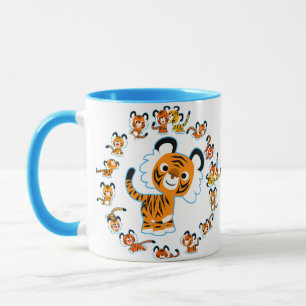 Fun Cartoon Tigers Mandala (Blue) Mug