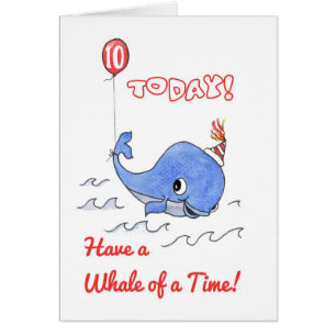 Fun Cartoon Whale and Balloon 10th Birthday Card