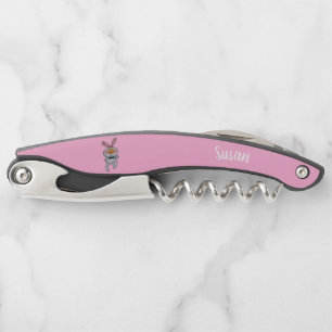 Fun Cartoon White Bunny in Black Bow Tie Pink Corkscrew