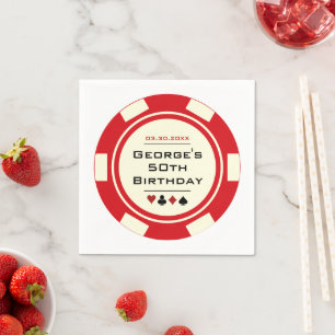 Fun Casino Poker Chip in Red and Cream Birthday Napkin