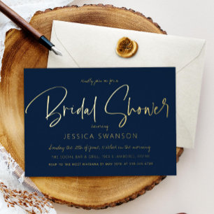 Fun Casual Script Navy Blue Bridal Shower Silver