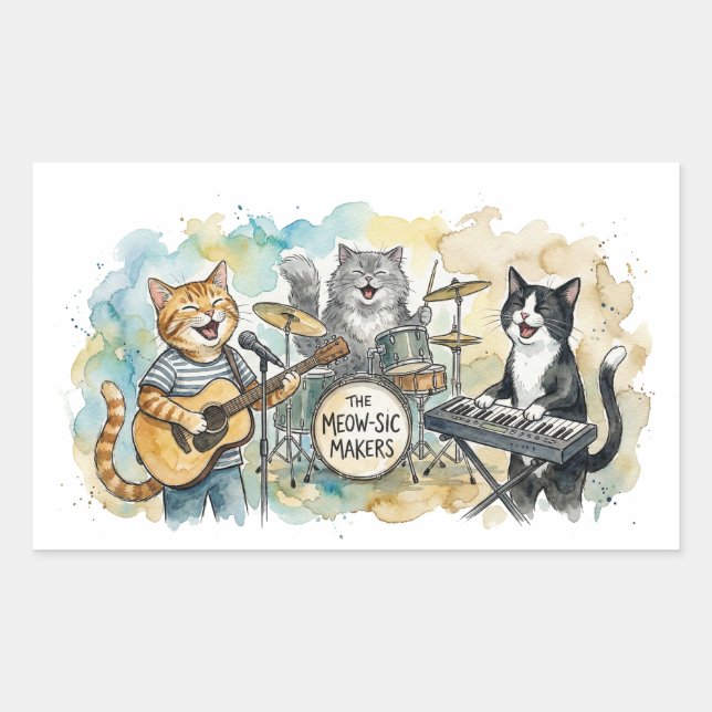 Fun Cat Band Music Piano Drums Keyboard Rectangular Sticker (Front)