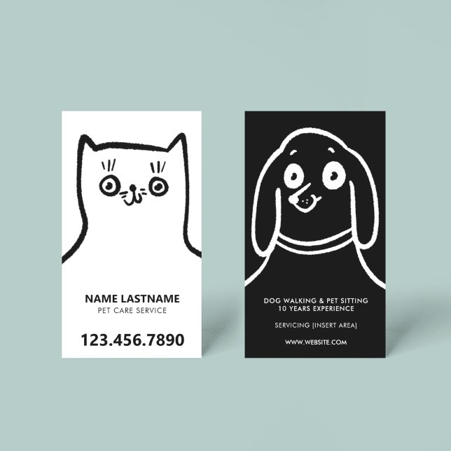 Fun Cat Dog Hand Drawn Black White Pet Service Business Card (Creator Uploaded)