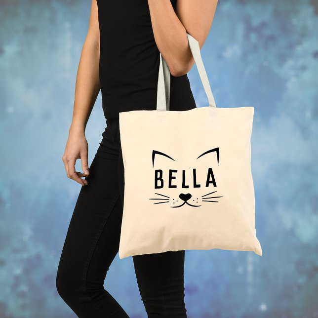 Fun Cat Face with Custom Name Canvas Tote Bag (Creator Uploaded)