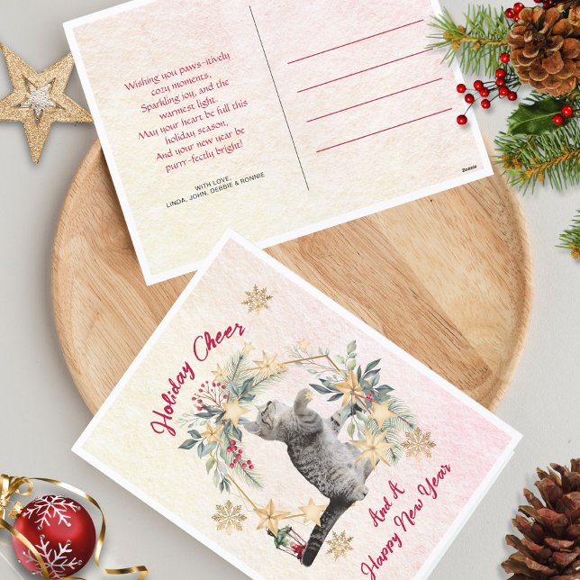 Fun Cat Gold Snowflakes Happy New Year Christmas Holiday Postcard (Creator Uploaded)