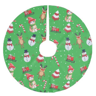 Fun cat kitty Santa animal snowman Sled Xmas tree Brushed Polyester Tree Skirt