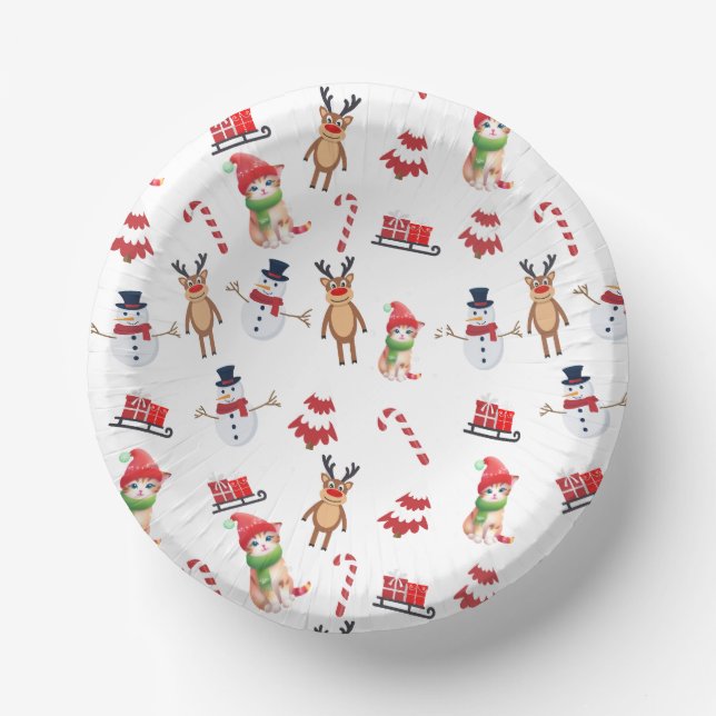 Fun cat kitty Santa animal snowman Sled Xmas tree Paper Plate (Front)