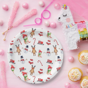 Fun cat kitty Santa animal snowman Sled Xmas tree Paper Plate