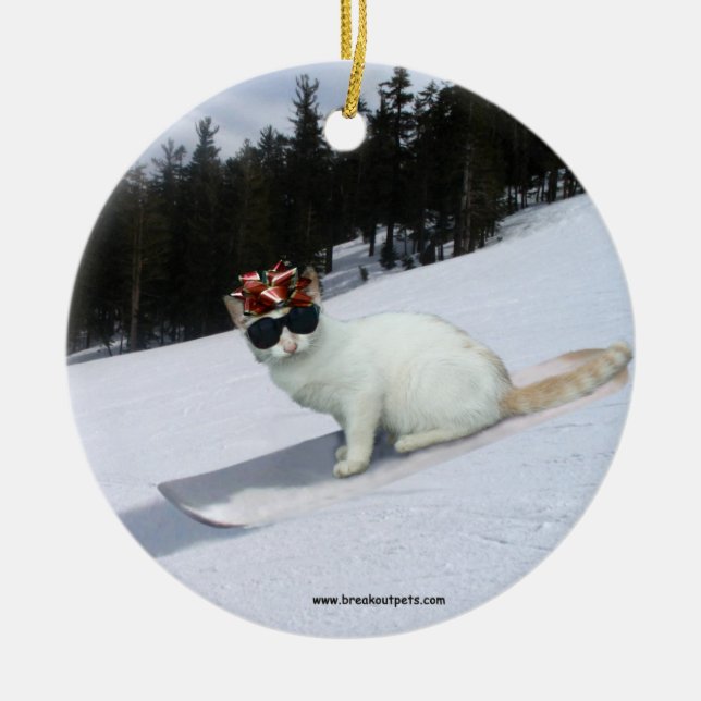Fun Cat on a Snowboard Holiday Ornament (Front)