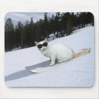 Fun Cat on a Snowboard Mousepad