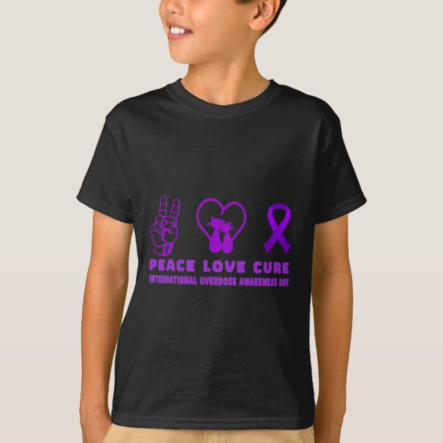 Fun Cat Peace Love Cure Overdose Awareness Support T-Shirt (Front)