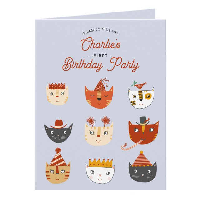 Fun Cat Personalised 1st Birthday Party Invitation (Fun kitty cat first birthday party invitation with custom text)