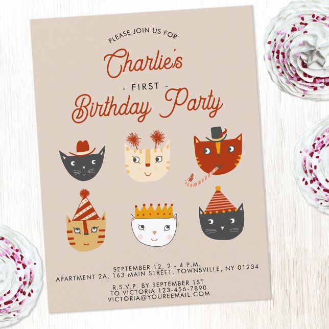Fun Cat Personalised 1st Birthday Party Invitation Postcard (Personalized cute cat first birthday party invitation)