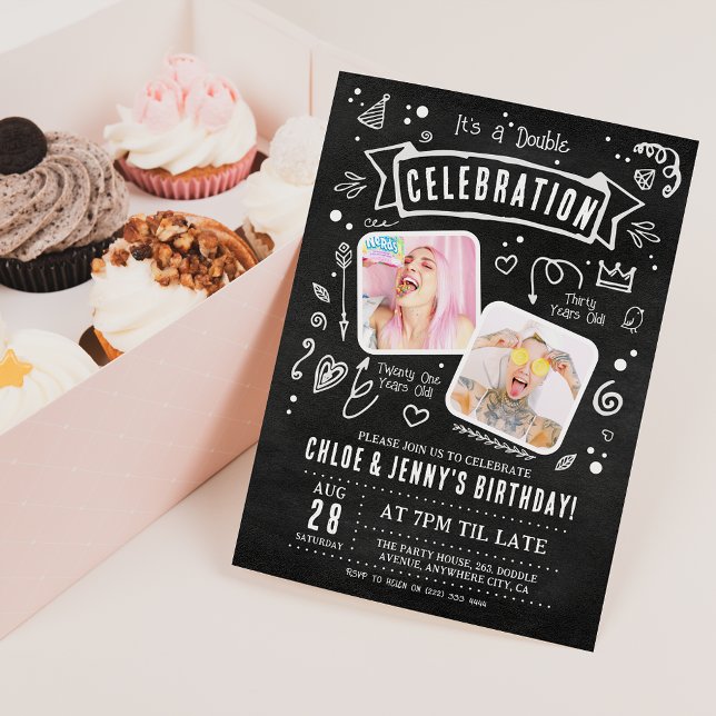 Fun Chalkboard Doodle Double Celebration Birthday Invitation (Creator Uploaded)