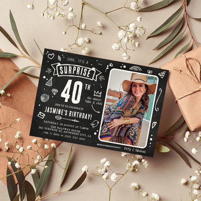 Fun Chalkboard Doodle Photo Surprise 40th Birthday Invitation (Creator Uploaded)