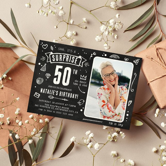 Fun Chalkboard Doodle Photo Surprise 50th Birthday Invitation (Creator Uploaded)