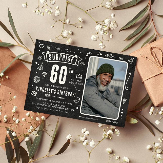 Fun Chalkboard Doodle Photo Surprise 60th Birthday Invitation (Creator Uploaded)