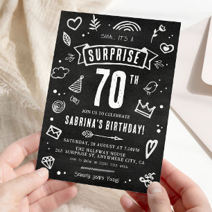 Fun Chalkboard Doodle Surprise 70th Birthday Invitation