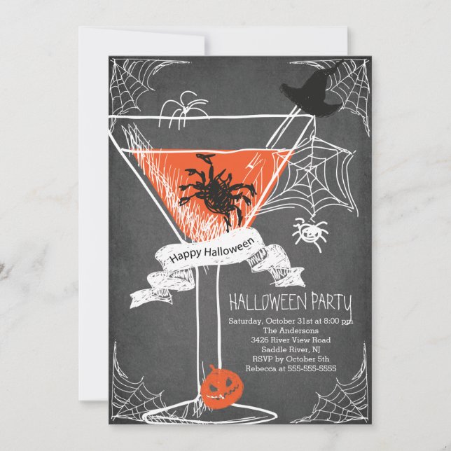 Fun Chalkboard Spooky Halloween Cocktail Party Invitation (Front)