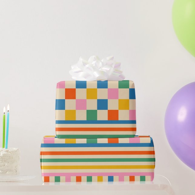 Fun Check Colourful Chequered Stripe Retro 80s 90s Wrapping Paper (Party Gifts)