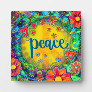 Fun Cheerful Peace Sign Hearts Flowers Easel Plaque