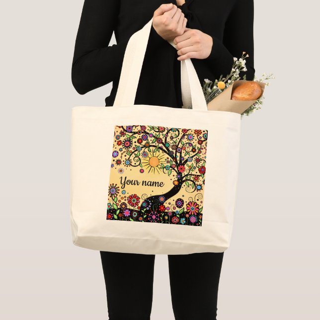 Fun Cheery Flowers and Whimsical Tree Large Tote Bag (Front (Product))