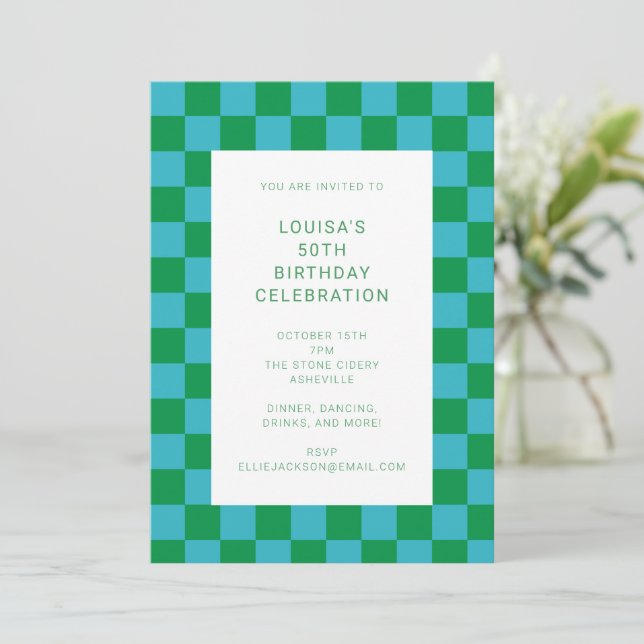 Fun Chequerboard Blue Green Geometric Birthday Invitation (Standing Front)