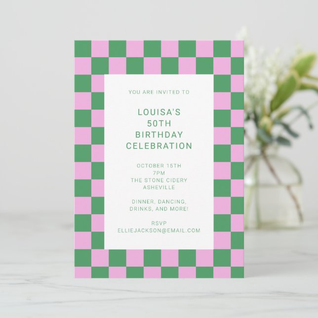 Fun Chequerboard Pink Green Geometric Birthday Invitation (Standing Front)