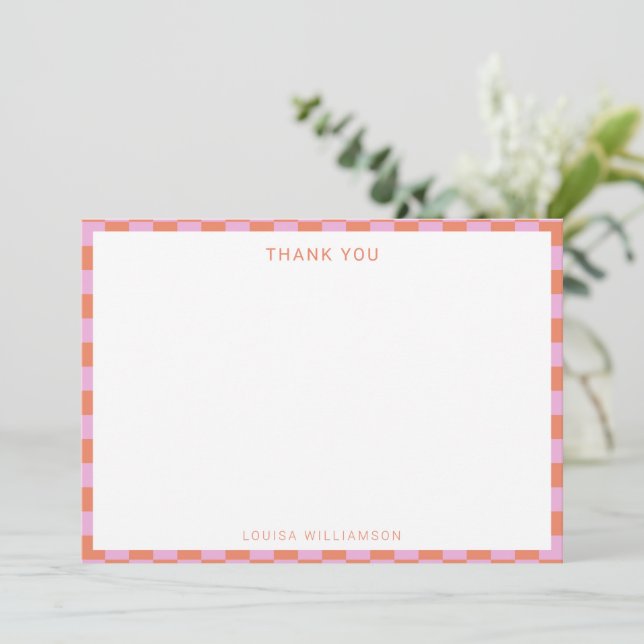Fun Chequerboard Pink Orange Geometric Birthday Thank You Card (Standing Front)