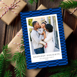Fun Chequered Customisable Colour 1 Photo BLUE Holiday Card