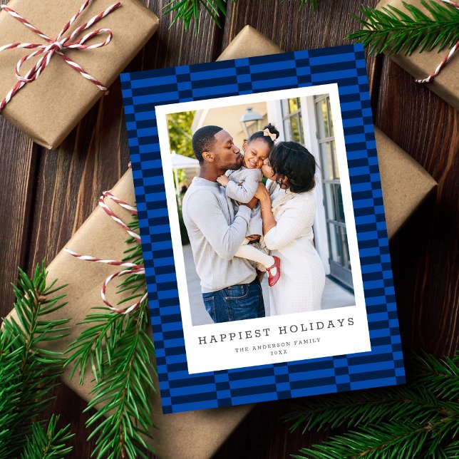 Fun Chequered Customisable Colour 1 Photo BLUE Holiday Card (Creator Uploaded)