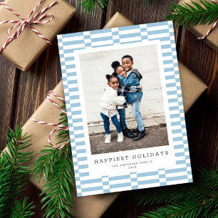 Fun Chequered Customisable Colour 1 Photo LT BLUE Holiday Card