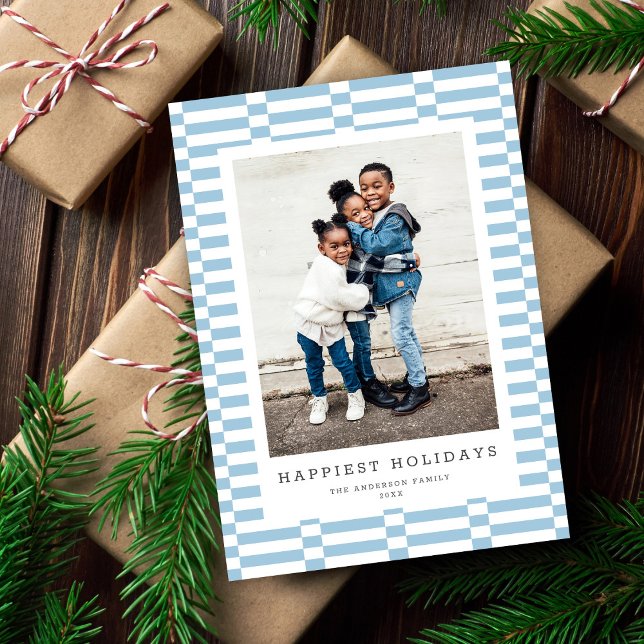 Fun Chequered Customisable Colour 1 Photo LT BLUE Holiday Card (Creator Uploaded)