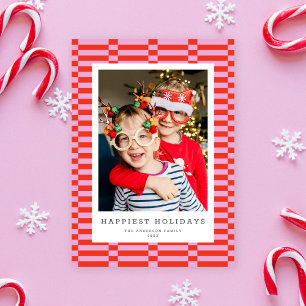 Fun Chequered Customisable Colour 1 Photo PINK Holiday Card
