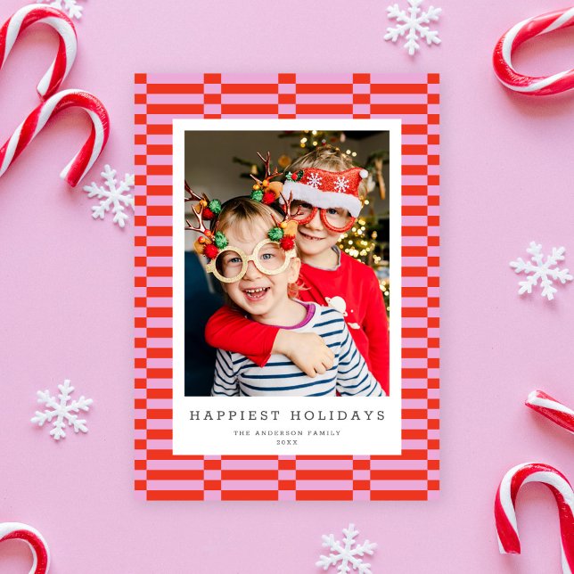 Fun Chequered Customisable Colour 1 Photo PINK Holiday Card (Creator Uploaded)